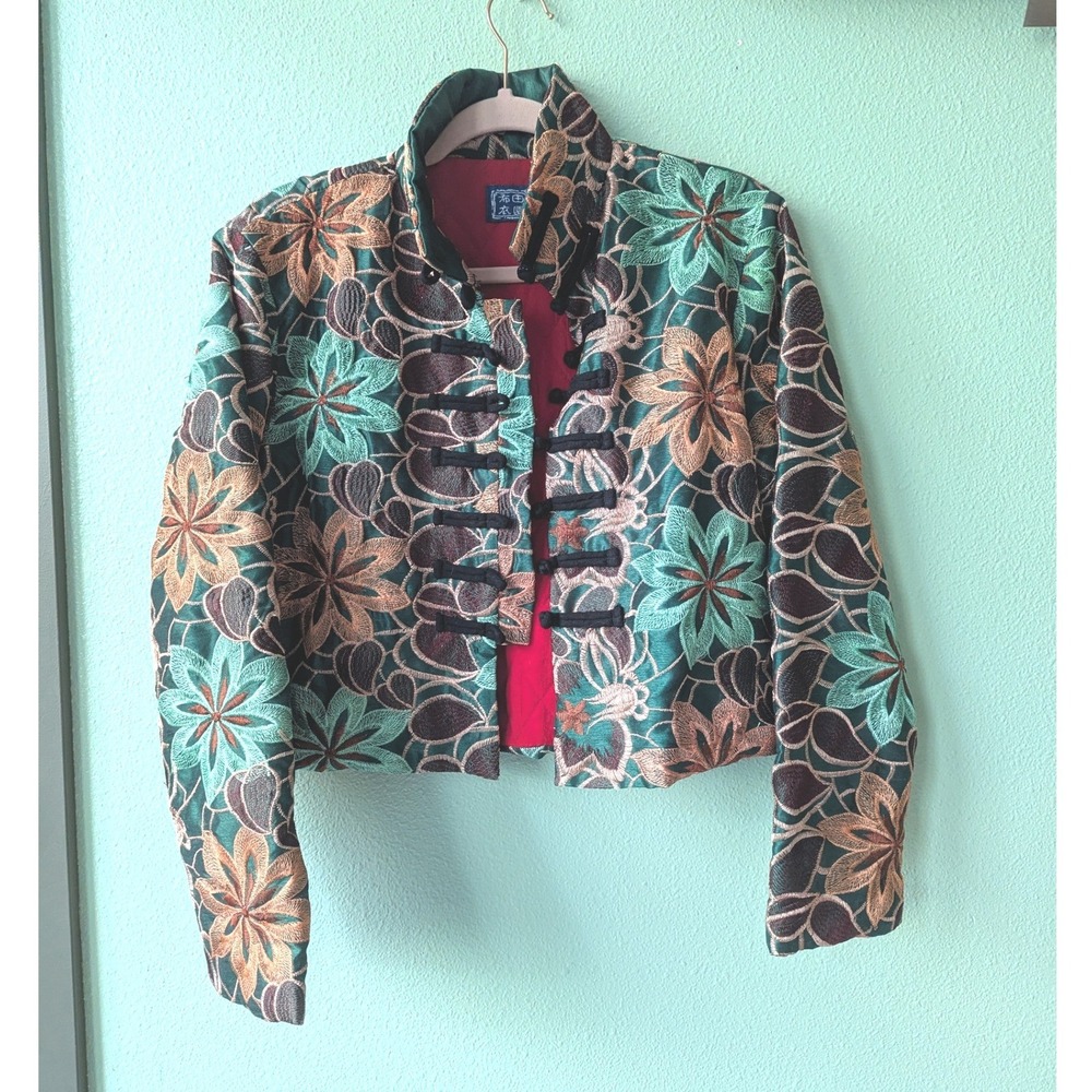 Vintage Floral Embroidered Frog Button Jacket Green Quilted Lining Large